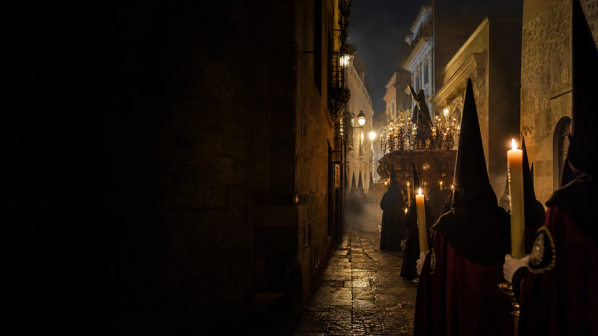 Procesión nocturna en una calle histórica española